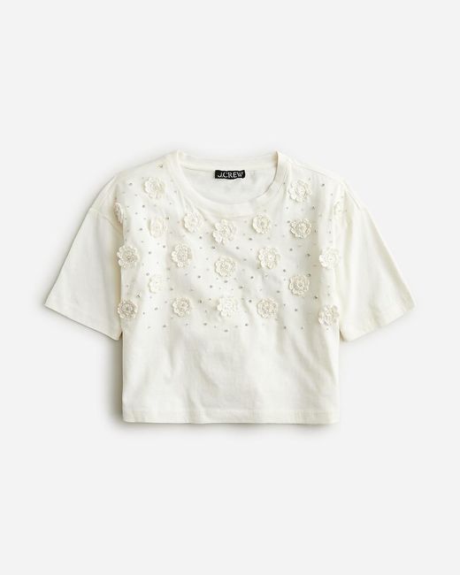 J.Crew White Cropped T-Shirt With Crochet Floral Appliqués
