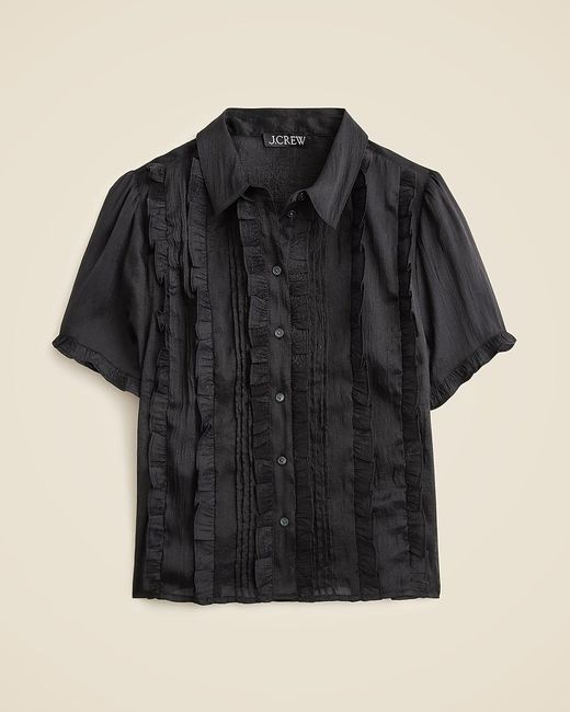 J.Crew Black Sheer Ruffle-Trim Button-Up Top