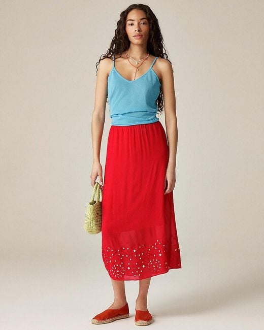 J.Crew Red Chiffon Slip Skirt With Mirror Embellishments