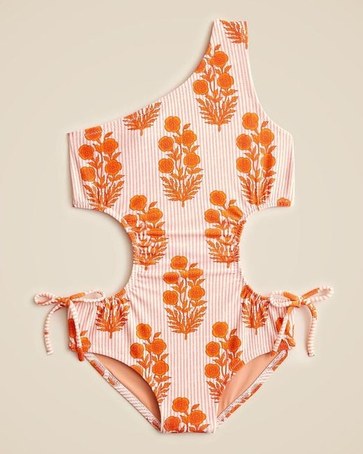 J.Crew Orange Sz Blockprints X Crewcuts One-Shoulder Cutout One-Piece Swimsuit