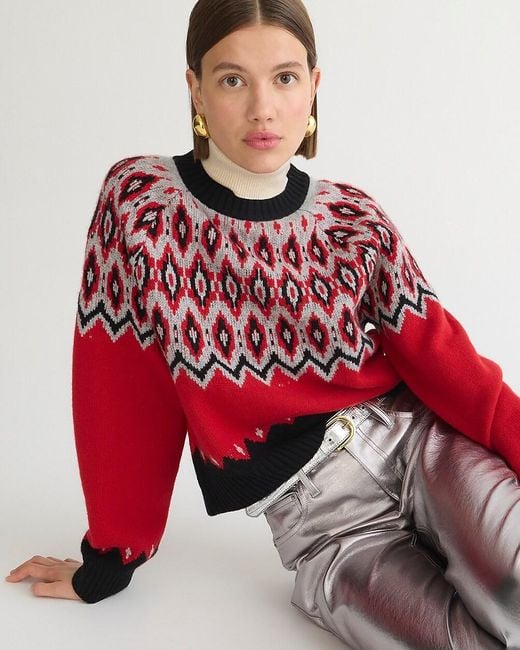 J.Crew Red Cashmere Fair Isle Relaxed Sweater