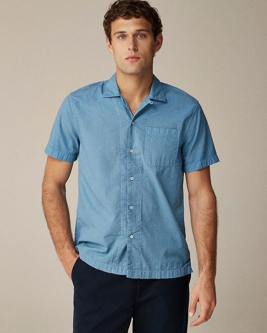J.Crew Blue Short-Sleeve Garment-Dyed Seersucker Camp-Collar Shirt for men