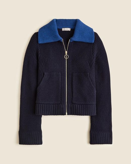 J.Crew Blue Colorblock Collared Full-Zip Sweater