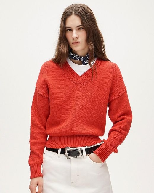J.Crew Red Cotton-Blend V-Neck Pullover Sweater