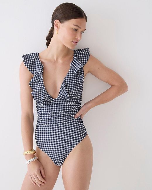 J.Crew Blue Ruched Ruffle One-Piece Swimsuit
