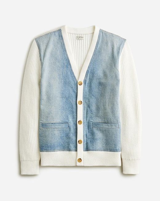 J.Crew Blue Cotton Shaker-Stitch Cardigan Sweater With Denim Panels for men