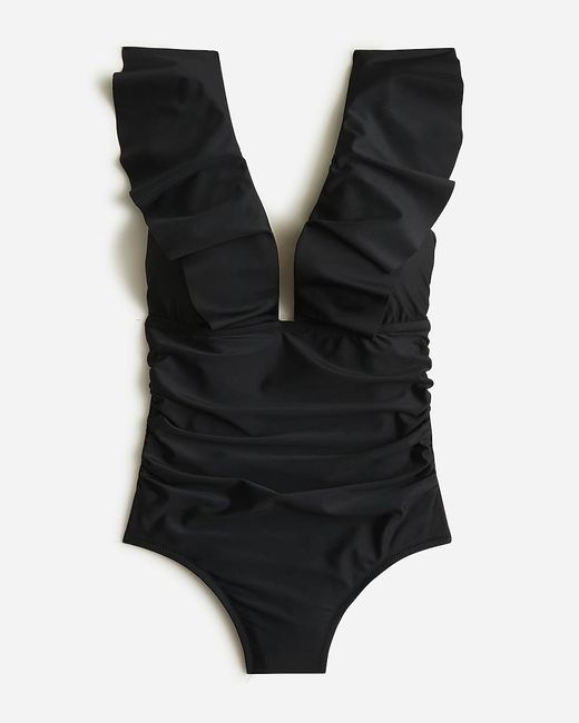 J.Crew Black Long-Torso Ruched Ruffle One-Piece Swimsuit