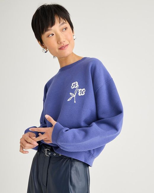 J.Crew Blue Cropped Graphic Sweatshirt With Floral Embroidery