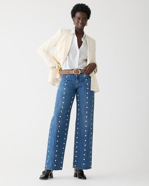 J.Crew Blue Lower-Rise Wide-Leg Jean With Pearls