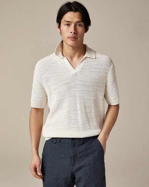 Men's White Short-Sleeve Linen-Cotton Blend Johnny-Collar