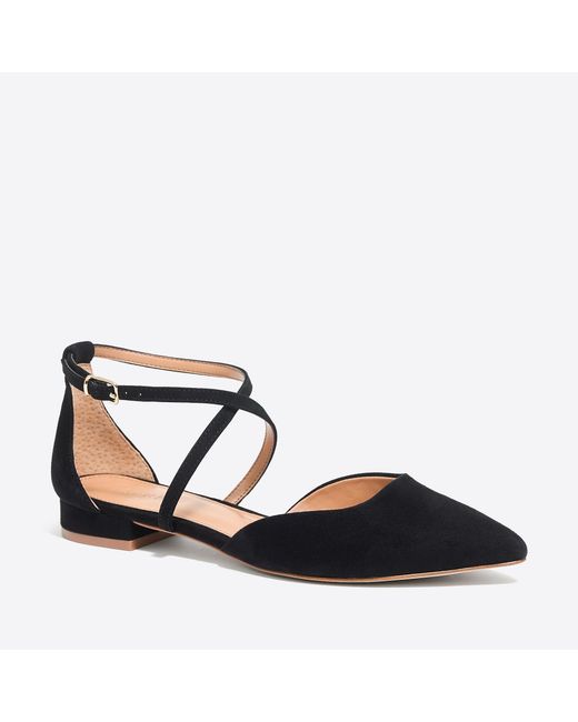 J.Crew Strappy Pointy-toe Flats In Suede in Black | Lyst