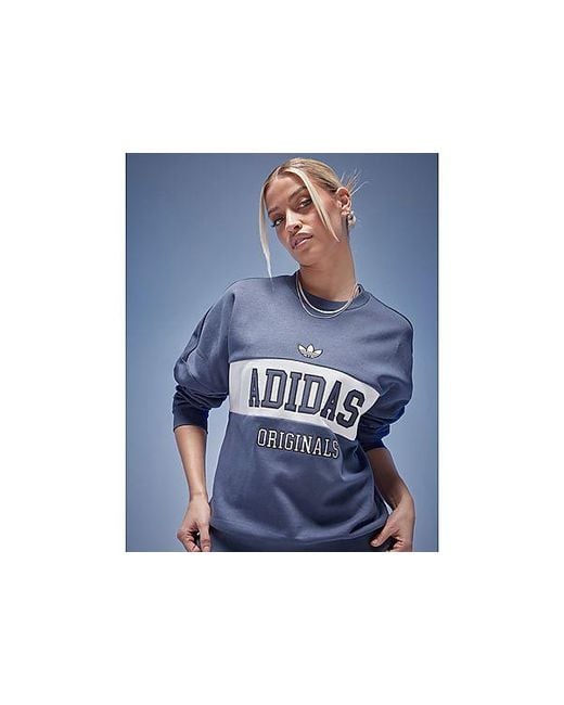 Adidas Originals Blue Varsity Panel Crew Sweatshirt
