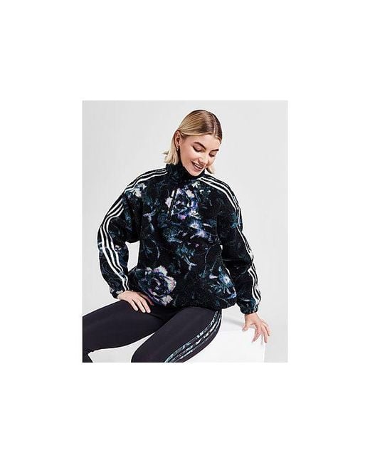 Adidas Originals Black Floral All Over Print 1/4 Zip Sherpa Fleece