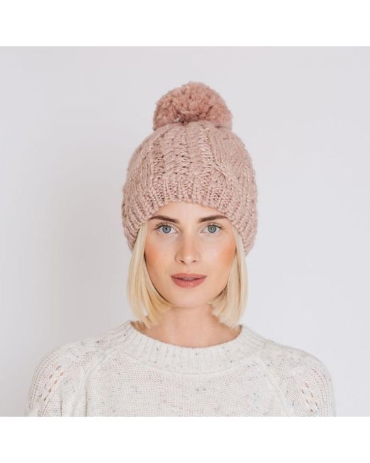 Jessica Graaf Pink Lurex Cable Lined Fleece Lined Hat With Bobble - Lyst