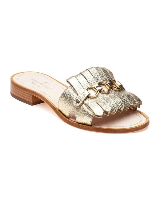 Kate Spade Metallic Brie Gold Leather Kiltie Slide Sandals