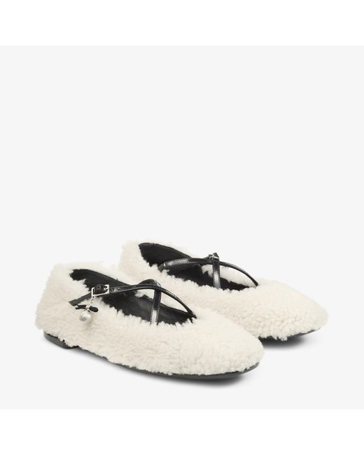 Jimmy Choo Natural Eleri Embellished Patent Leather-Trimmed Shearling Ballet Flats