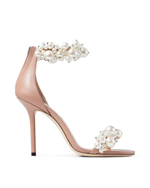 Jimmy Choo White Maisel 100 Ballet Pink Nappa Leather Sandals With Pearl Embellishment