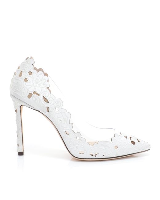 Jimmy Choo Romy 100 White And Clear Pointy Toe Pumps In Perforated Lace Fabric And Plexi