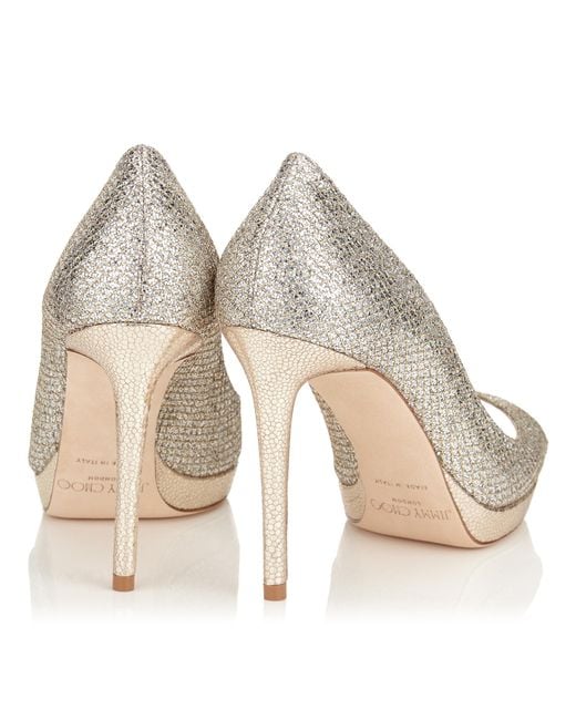 Jimmy Choo Luna 100 Champagne Glitter Fabric Peep Toe Platform