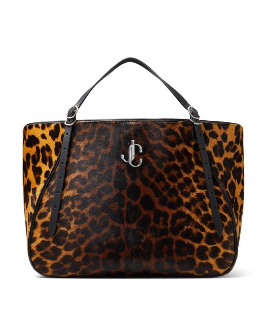 Jimmy Choo Multicolor Varenne Tote E/w Natural Degrade Leopard Print Pony Large Tote Bag Natural/silver One Size