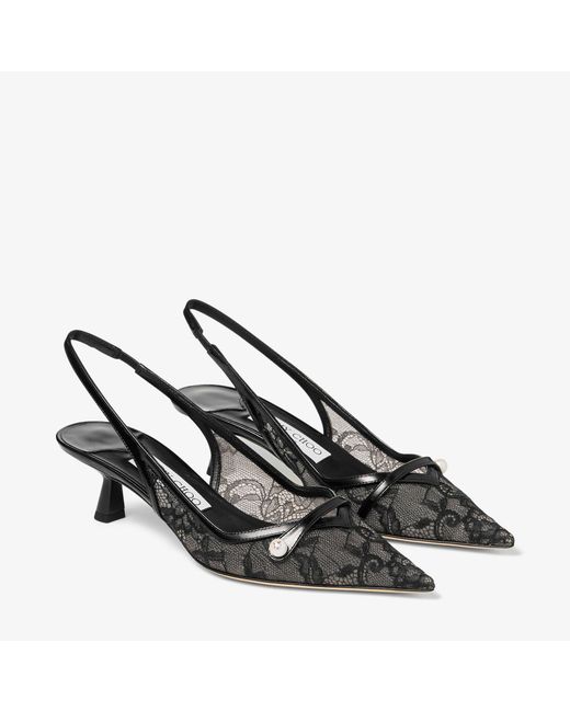 Jimmy Choo Black Amita 45 Lace-Leather Slingback Pumps
