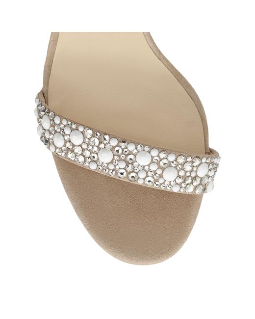 Jimmy Choo Viola 110 White Suede And Hot Fix Crystal Embellished Sandals With An Ostrich Feather