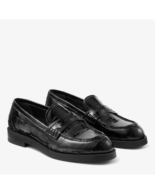 Jimmy Choo Black Ivy Croc-Embossed Leather Loafers