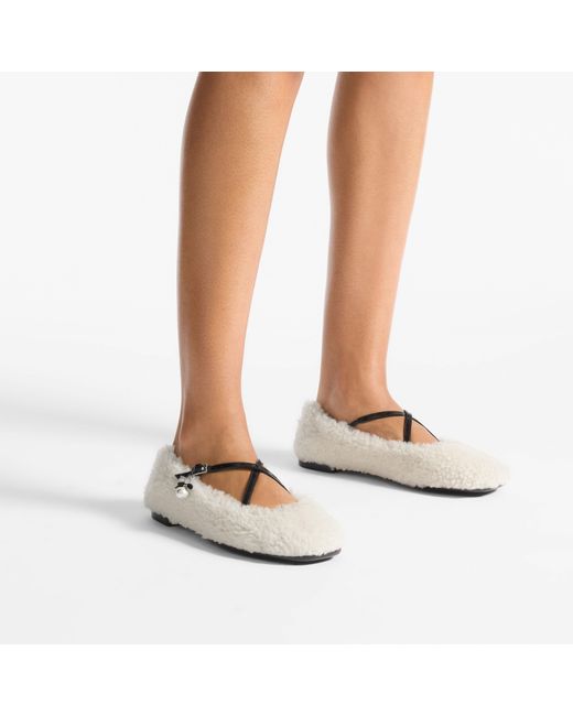 Jimmy Choo Natural Eleri Embellished Patent Leather-Trimmed Shearling Ballet Flats