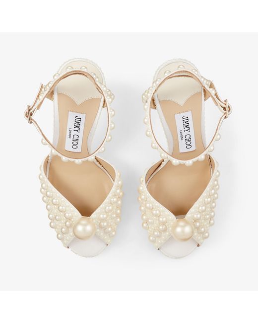 Jimmy Choo White Sacora 100 Pearl-Embellished Satin Sandals