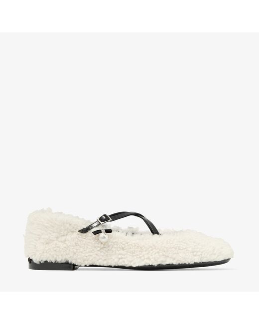Jimmy Choo Natural Eleri Embellished Patent Leather-Trimmed Shearling Ballet Flats