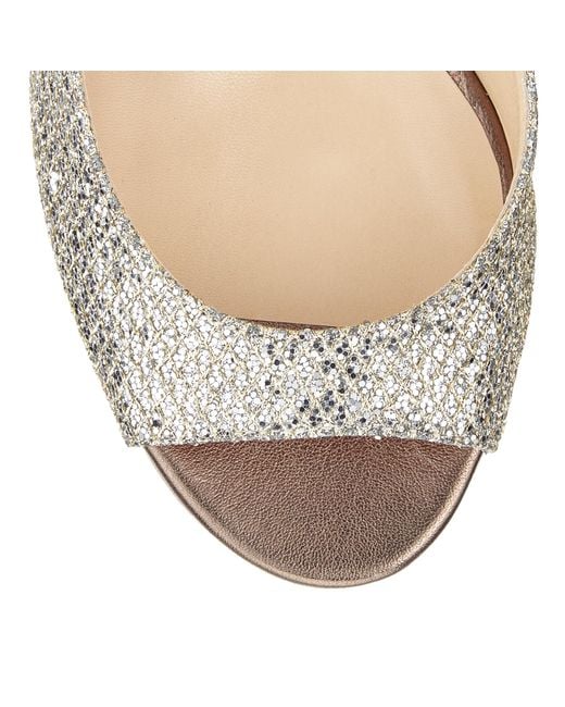 Jimmy Choo Evelyn 85 Champagne Glitter Fabric Peep Toe Pumps in 