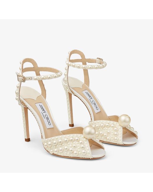 Jimmy Choo White Sacora 100 Pearl-Embellished Satin Sandals