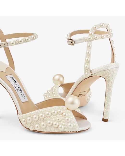 Jimmy Choo White Sacora 100 Pearl-Embellished Satin Sandals