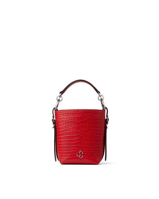 Jimmy Choo Varenne Bucket/s Royal Red Croc Embossed Leather Clutch Bag With Silver Jc Logo