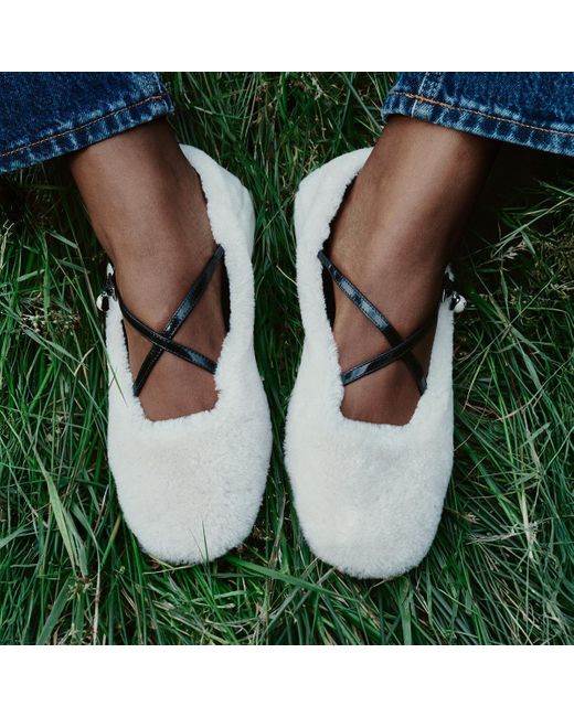 Jimmy Choo Natural Eleri Embellished Patent Leather-Trimmed Shearling Ballet Flats