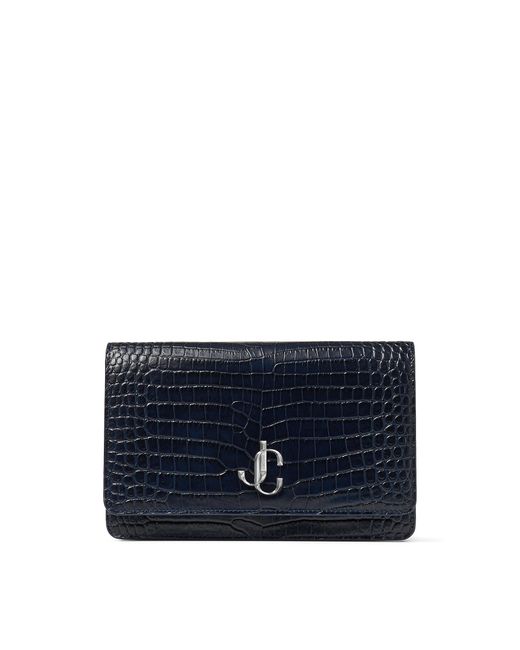 Jimmy Choo Blue Palace Navy Croc-embossed Leather Mini Bag With Jc Emblem
