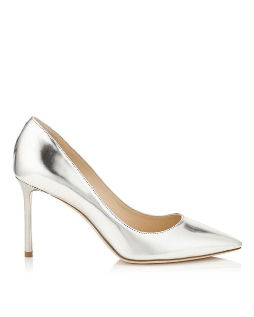 Jimmy Choo Blue Romy 85 Silver Mirror Leather Pointy Toe Pumps