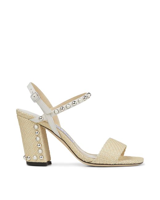 Jimmy Choo Multicolor Aadra 85 Natural Raffia Sandals With Silver Dome Studs And White Pearls