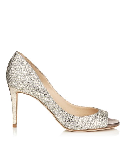 Jimmy Choo Metallic Evelyn 85 Champagne Glitter Fabric Peep Toe Pumps