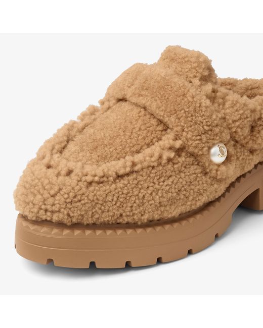 Jimmy Choo Brown Curly Shearling Moccasin Mule Flats