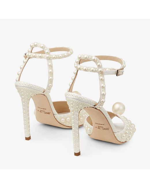 Jimmy Choo White Sacora 100 Pearl-Embellished Satin Sandals