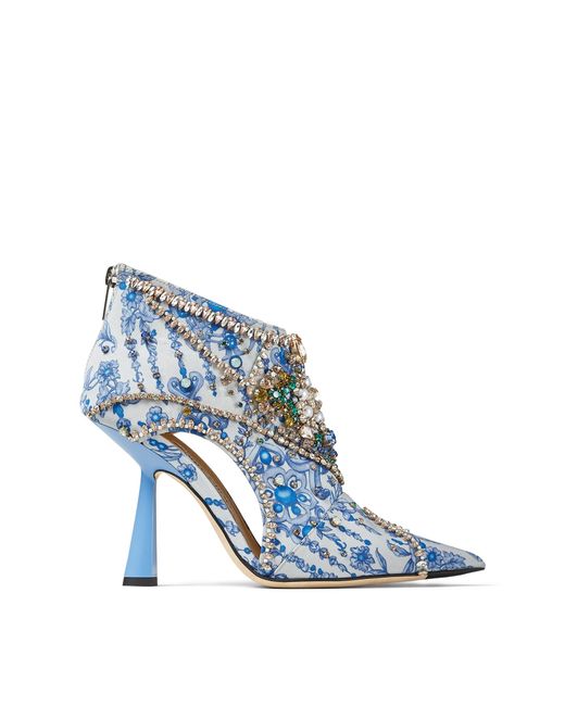 Jimmy Choo Kendrix 100 Blue Mix Jewelled Printed Fabric Ankle Booties With Embroidery Blue Mix 35.5