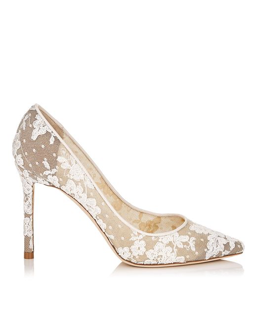 Jimmy Choo White Romy 100 Ivory Floral Lace Pointy Toe Pumps Biege 40.5