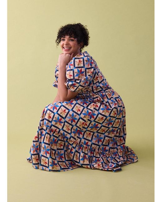 Joanie Yellow Clothing Priya Patchwork Print Puff Sleeve Midi Dress