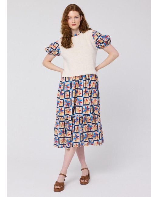 Joanie Yellow Clothing Priya Patchwork Print Puff Sleeve Midi Dress