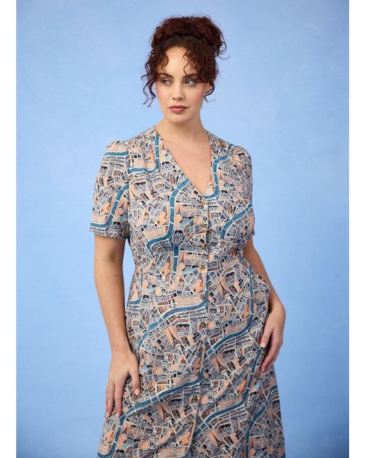 Joanie White Clothing Manon Parisian Map Print Button-Through Tea Dress