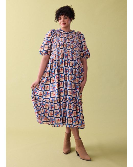 Joanie Yellow Clothing Priya Patchwork Print Puff Sleeve Midi Dress