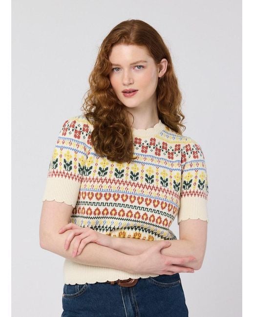 Joanie Clothing Clare Fair Isle Scalloped Short Sleeve Knit in Natural
