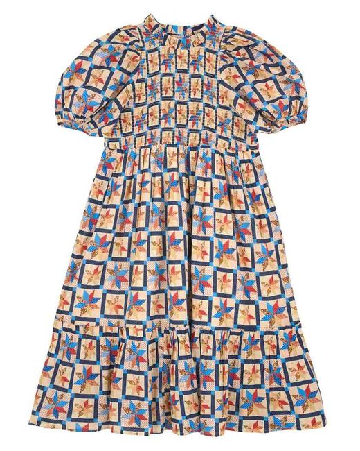 Joanie Yellow Clothing Priya Patchwork Print Puff Sleeve Midi Dress