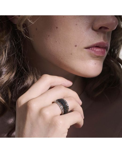 John Hardy Black Carved Chain Pavé Stacked Ring In Sterling Silver